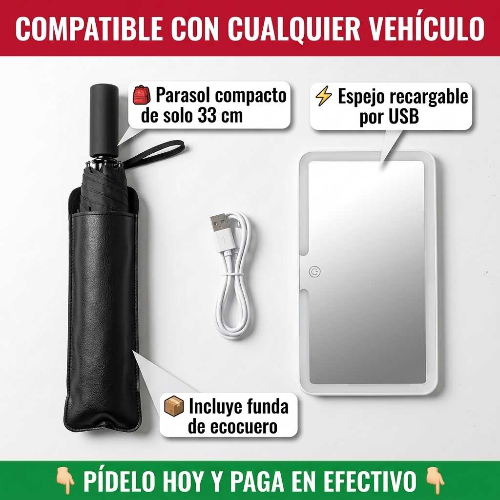 COMBO DE ESPEJO Y PARASOL PARA AUTOS
